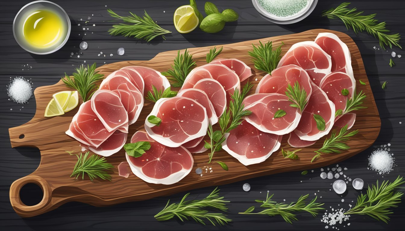 A rustic wooden table adorned with thinly sliced elk carpaccio, garnished with herbs, drizzled with olive oil, and sprinkled with sea salt