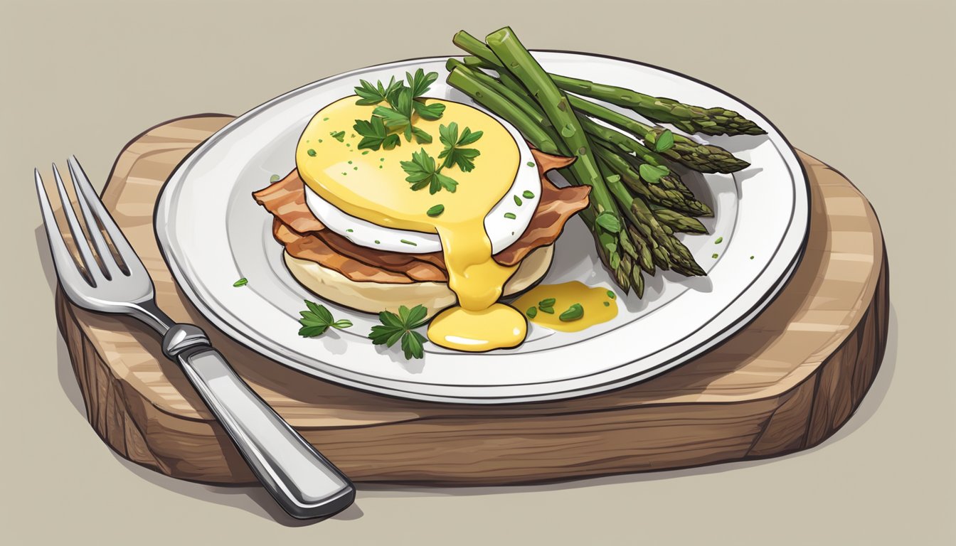 A plate of Quail Eggs Benedict topped with hollandaise sauce and garnished with fresh herbs, served alongside crispy bacon and a side of roasted asparagus