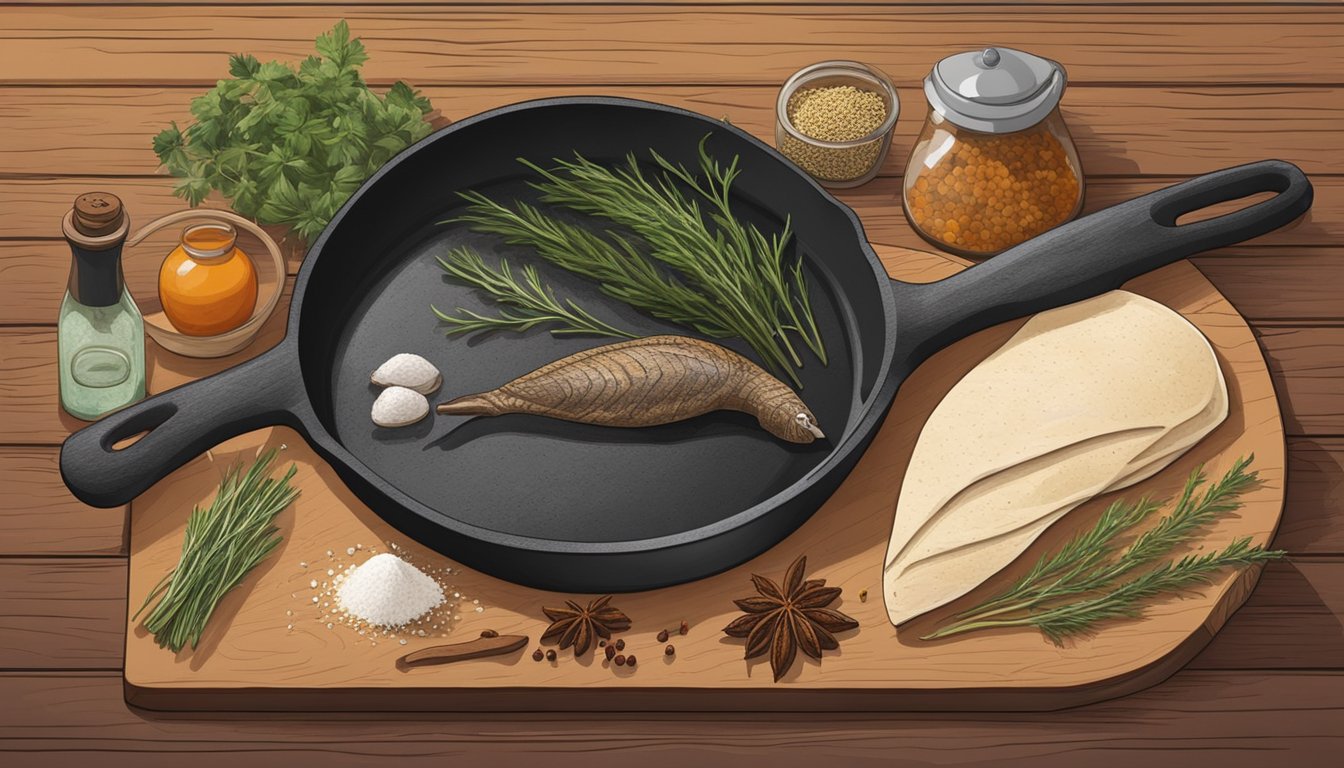 A rustic kitchen counter with a cast-iron skillet, fresh pheasant, herbs, and spices laid out for preparation. A cutting board with a sharp knife and a bowl of seasoned flour completes the setup