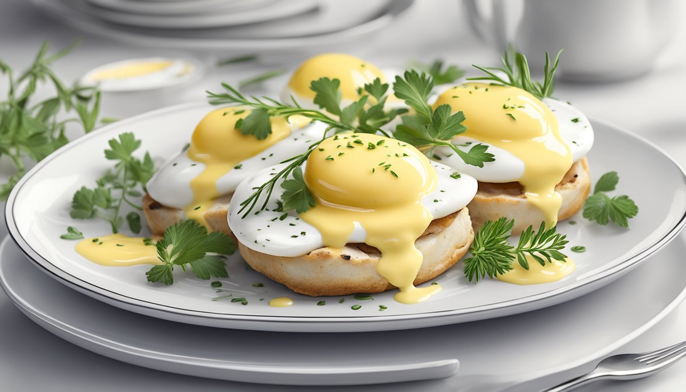 A beautifully arranged plate with quail eggs Benedict, garnished with fresh herbs and drizzled with hollandaise sauce, sits on a white porcelain dish