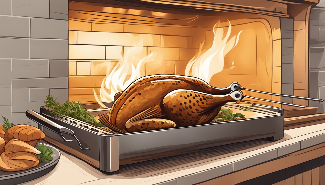 A pheasant roasting in a golden-brown oven, with sizzling skin and juicy meat. A chef's knife and herbs lay nearby