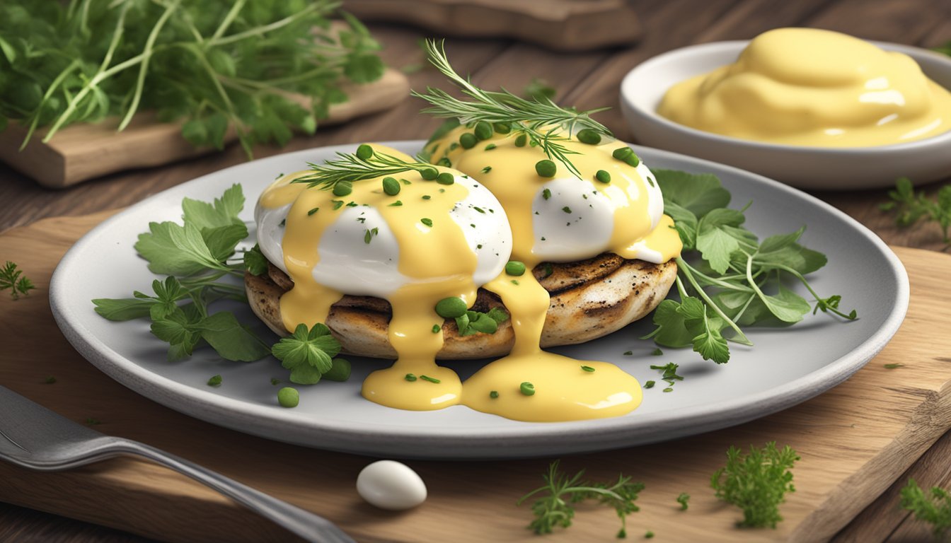 A beautifully plated Quail Eggs Benedict surrounded by fresh herbs and drizzled with hollandaise sauce, served on a rustic wooden table