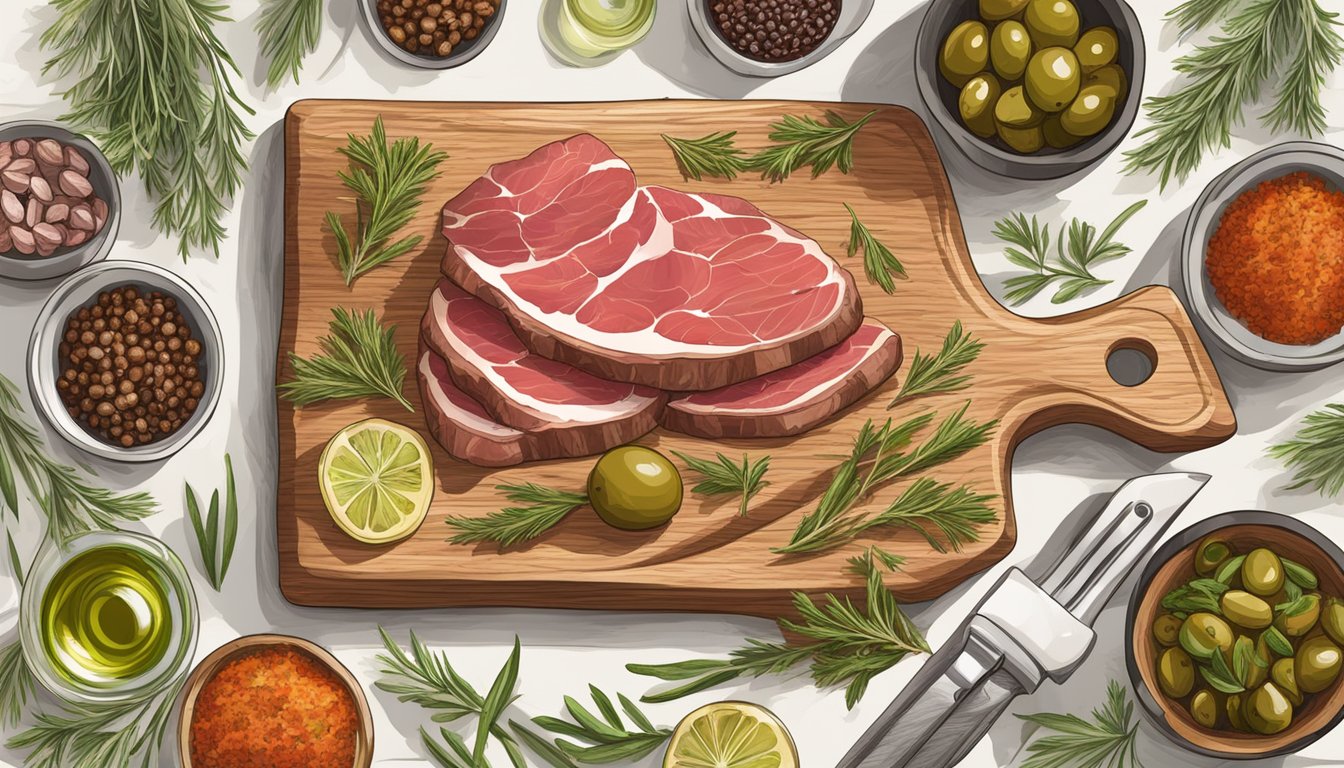 A wooden cutting board with thinly sliced elk meat, surrounded by herbs, spices, and olive oil