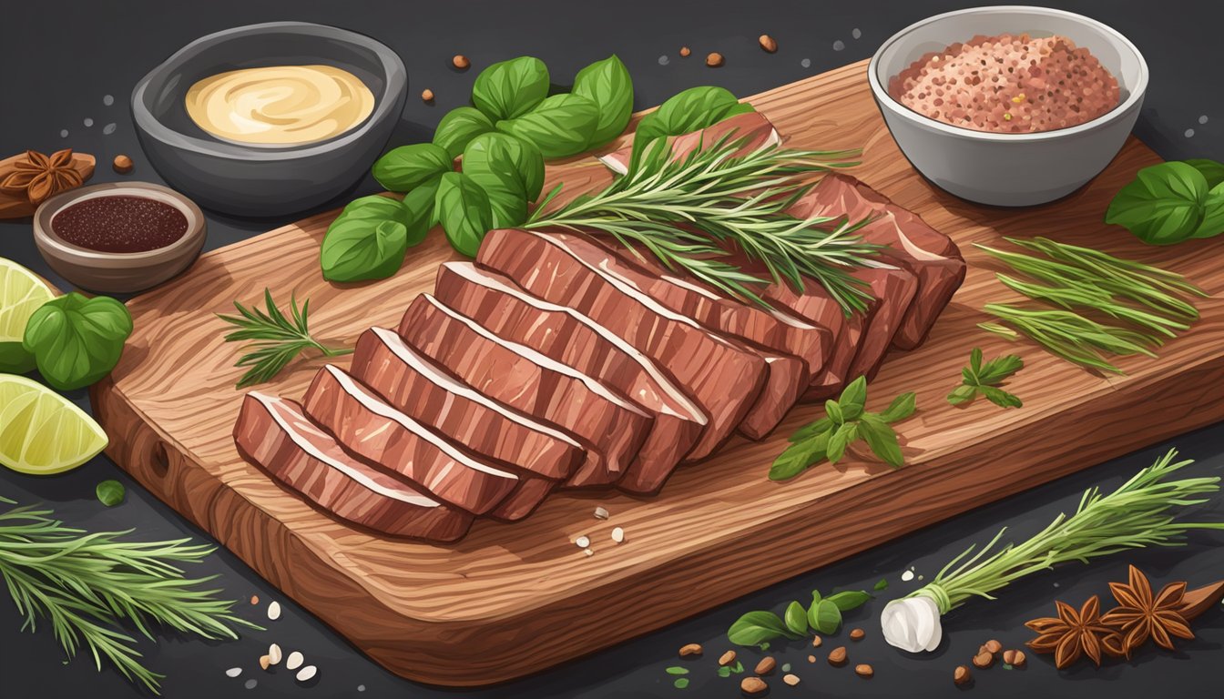 A wooden cutting board with thin slices of raw elk meat drizzled with seasoning and dressing, surrounded by fresh herbs and spices