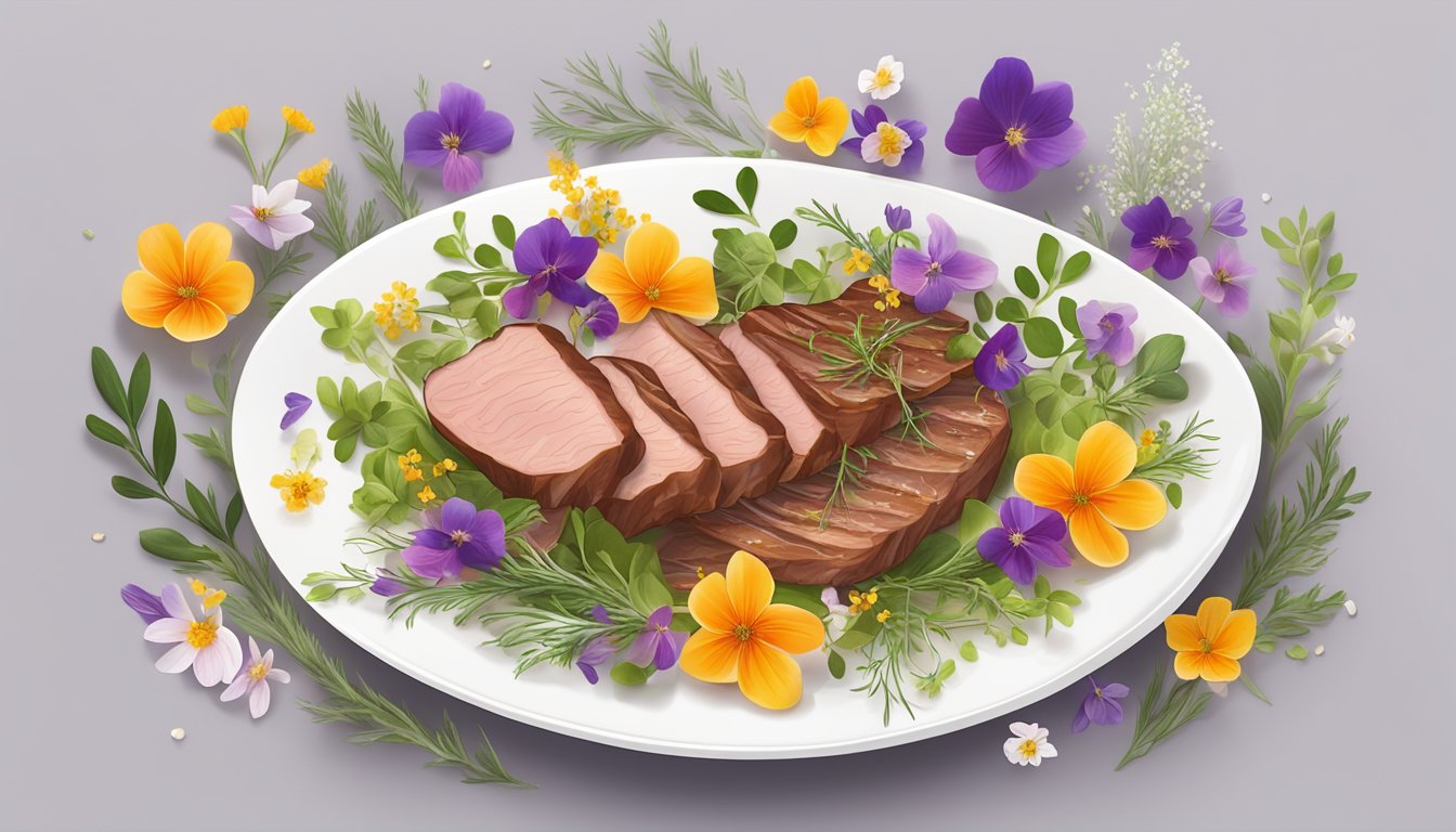 A sleek white plate holds thinly sliced elk meat with vibrant herbs and a drizzle of olive oil, surrounded by delicate edible flowers and colorful microgreens