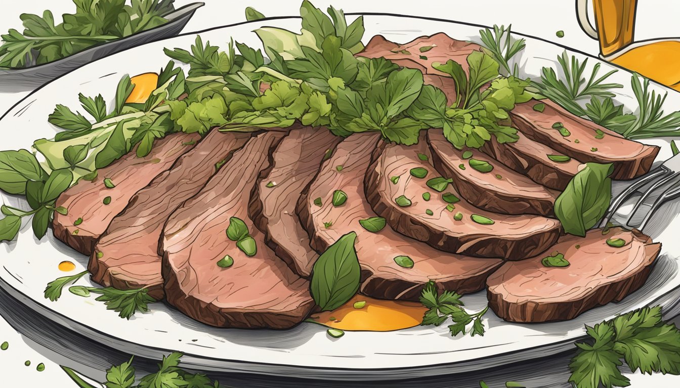 A plate of thinly sliced elk meat surrounded by vibrant, fresh herbs and drizzled with a light vinaigrette