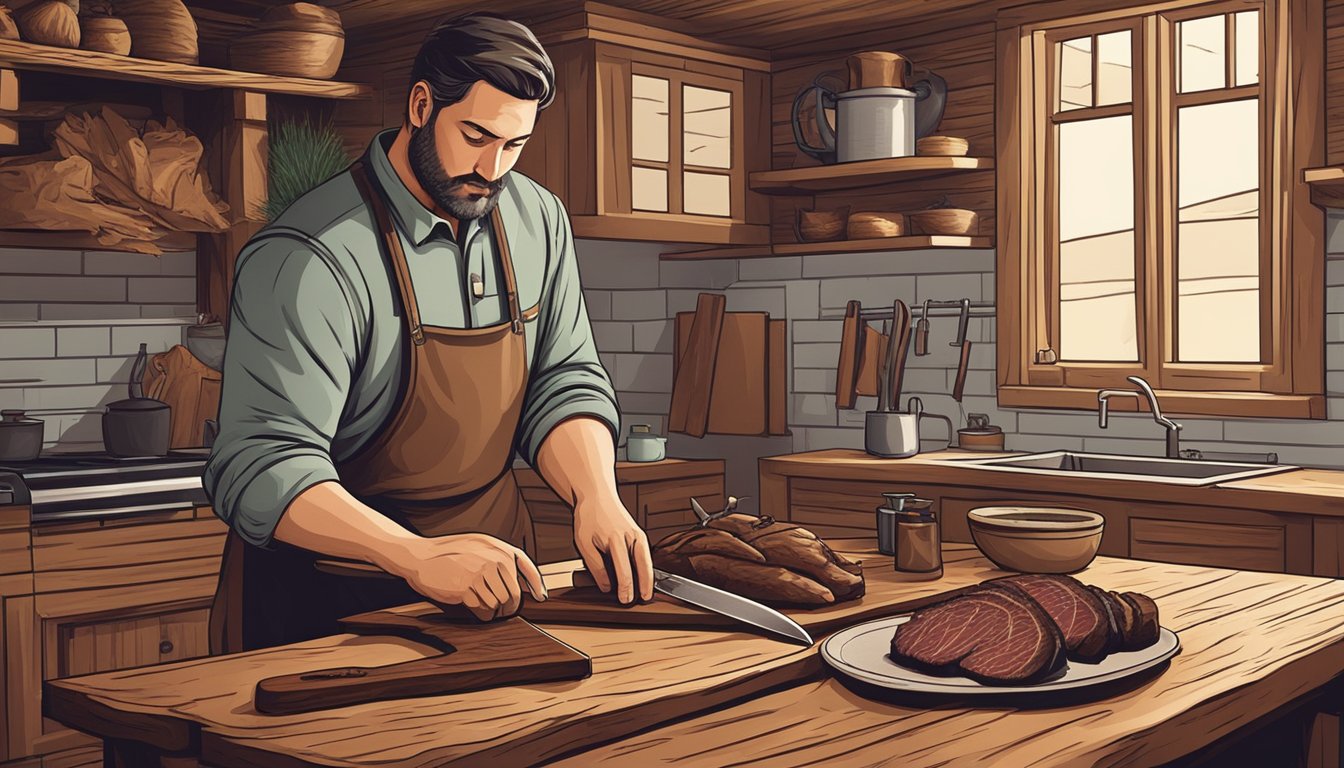 A hunter carefully selects a prime cut of venison, preparing to slice it into thin strips for jerky. The rustic scene includes a wooden cutting board, a sharp knife, and the hunter's focused expression