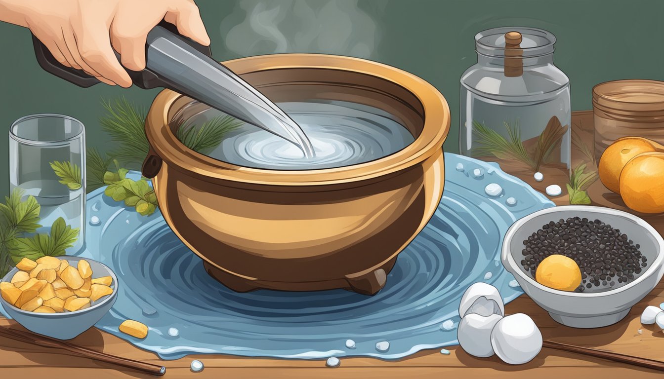 A hand pouring salt into a pot of water, with a thermometer and game birds nearby