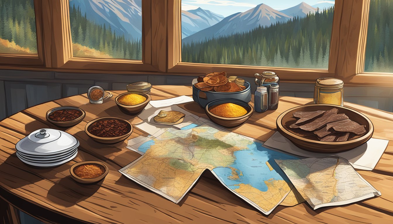 A rustic wooden table with venison jerky, assorted spices, and a trail map. Sunlight streams through a window onto the scene