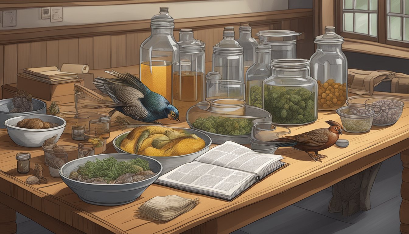 A wooden table with various game birds, jars of brine, and scientific equipment. A book titled "Advanced Brining Techniques" is open next to the setup