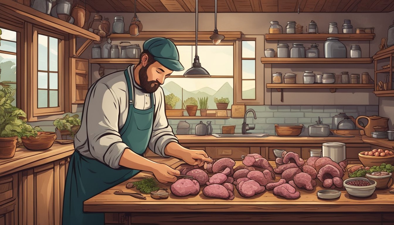 A hunter carefully selects and inspects various types of offal, including hearts, livers, and kidneys, laid out on a wooden table in a rustic kitchen