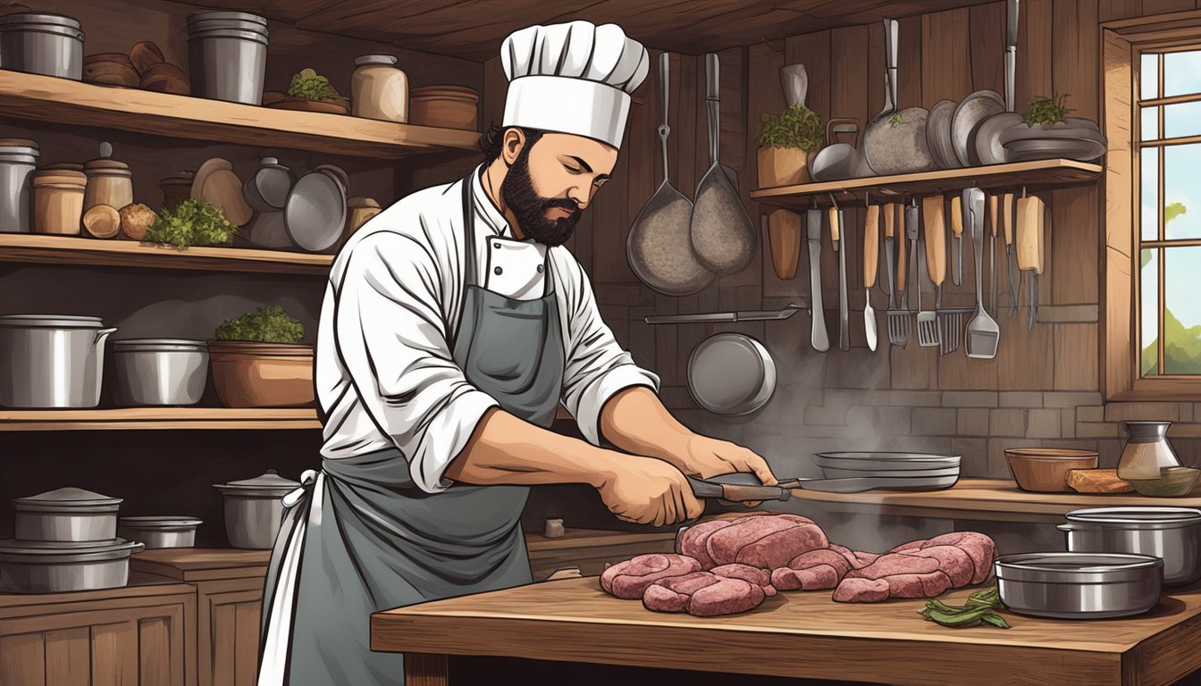 A chef slicing and seasoning offal in a rustic kitchen