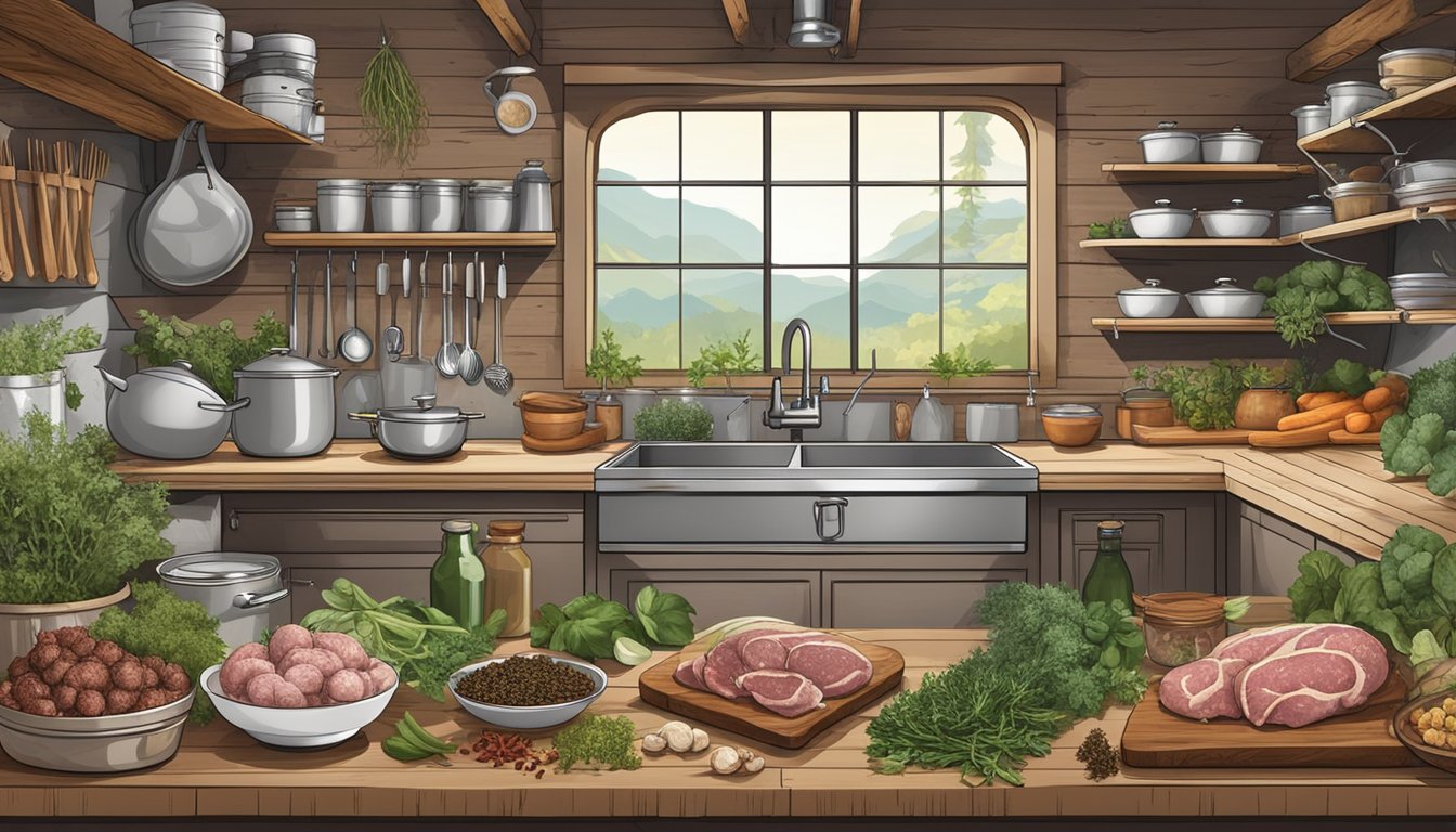 A rustic kitchen with assorted offal, herbs, and spices, alongside a chart of flavor pairings and cooking methods for game cooking