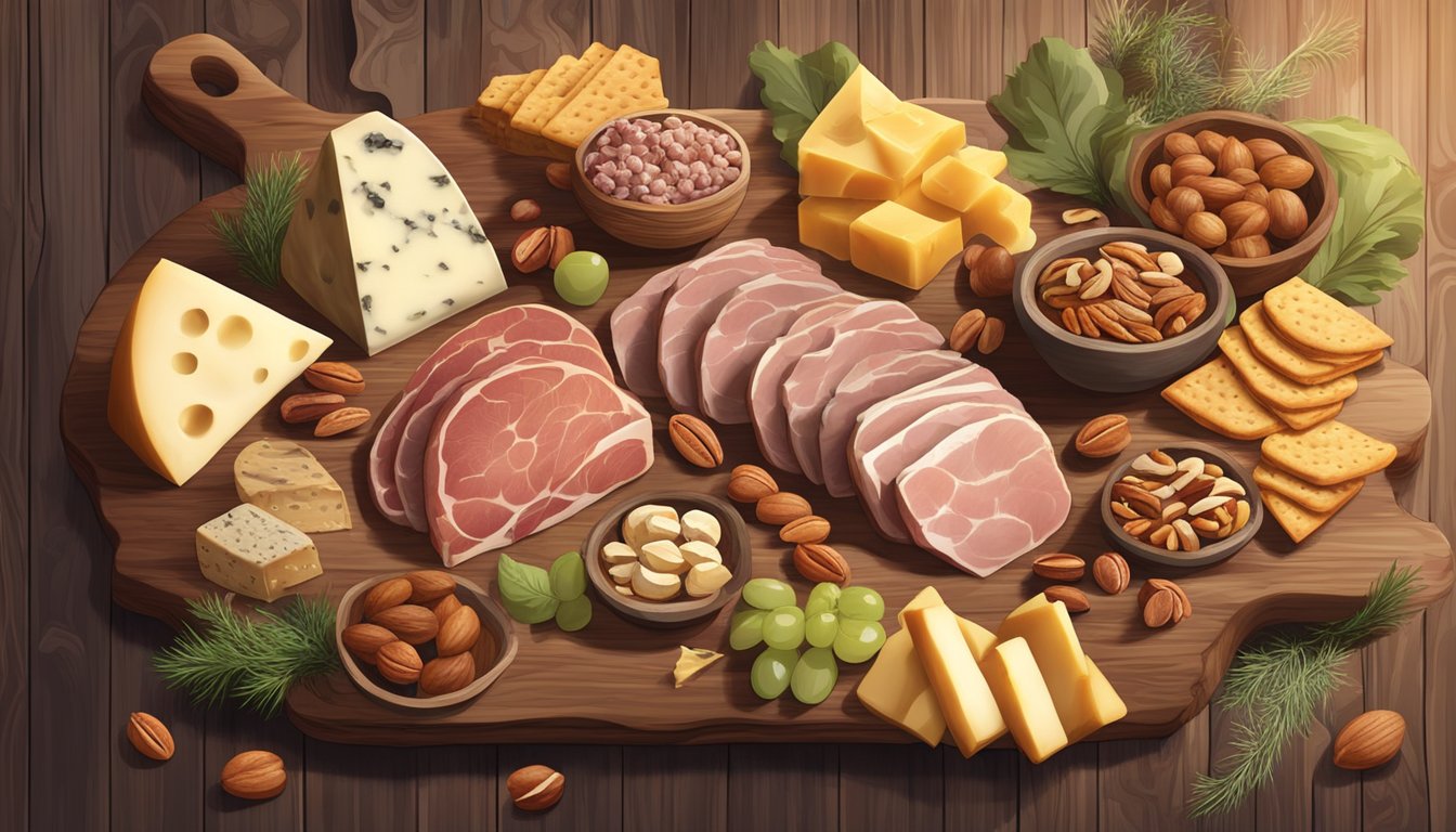 A rustic wooden board with an assortment of wild game meats, cheeses, fruits, nuts, and crackers arranged in an aesthetically pleasing and appetizing display