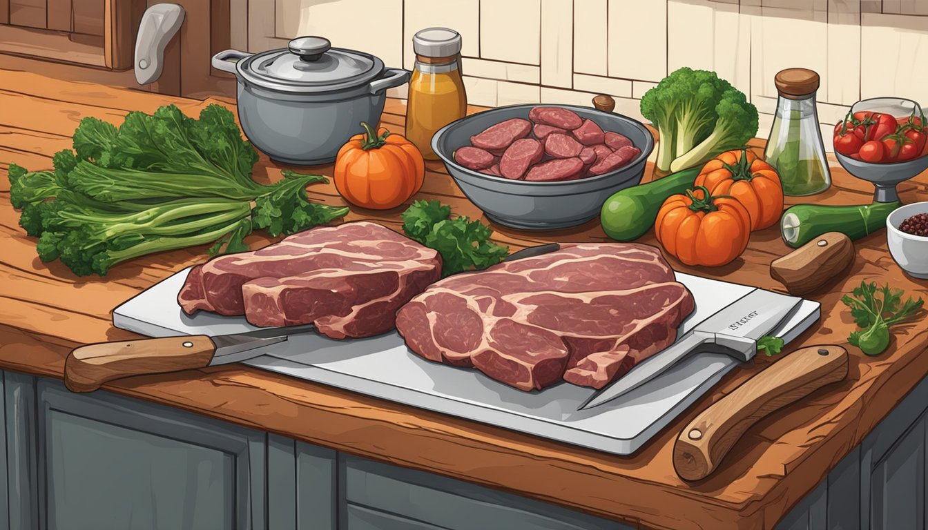 A rustic kitchen table with a variety of offal, game meats, and fresh vegetables laid out for cooking. A chef's knife and cutting board are ready for preparation