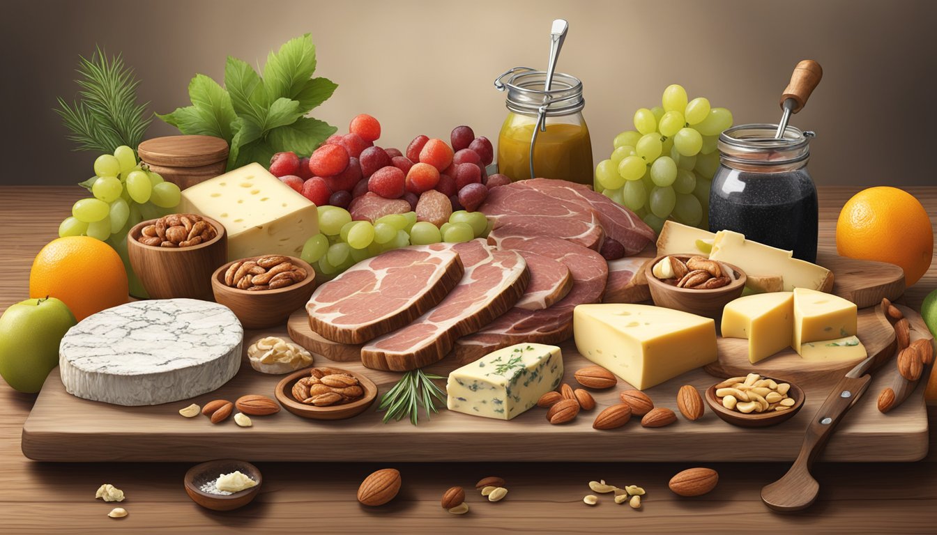 A rustic wooden board adorned with an array of wild game meats, artisanal cheeses, fresh fruits, nuts, and savory spreads