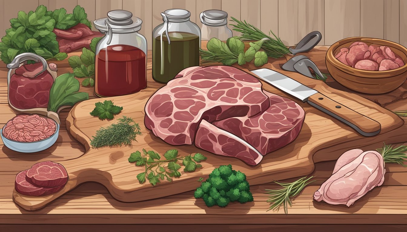 A rustic kitchen with a variety of offal, including liver, heart, and kidneys, laid out on a wooden cutting board. A chef's knife and herbs are nearby