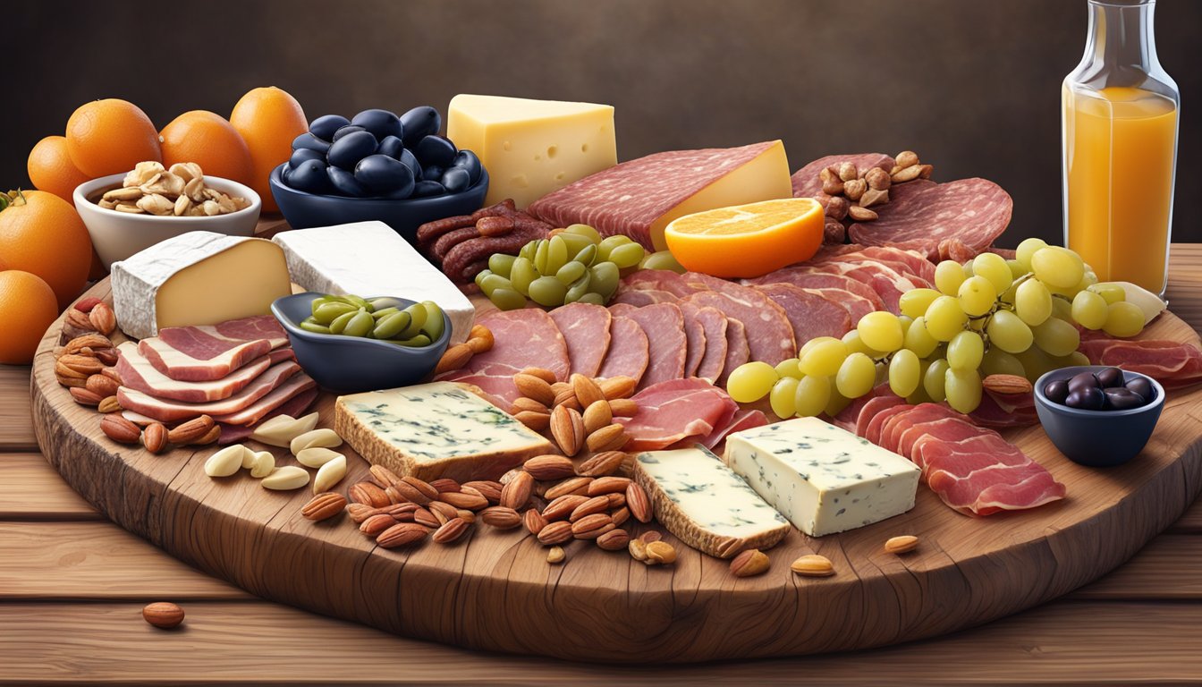 A rustic wooden board adorned with an array of cured meats, artisanal cheeses, fresh fruits, nuts, and olives, all arranged in an artful and inviting display