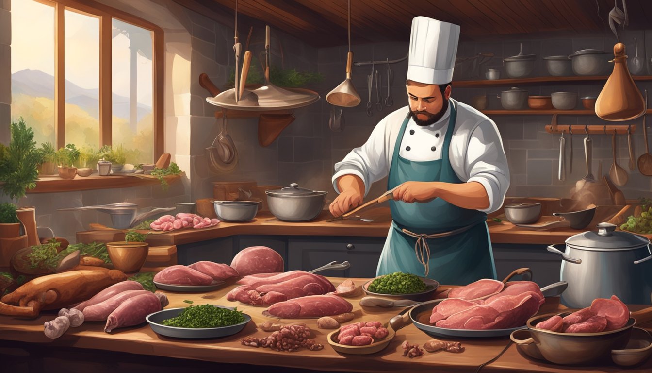 A chef expertly prepares a variety of offal meats in a rustic kitchen, surrounded by game animals and traditional cooking tools