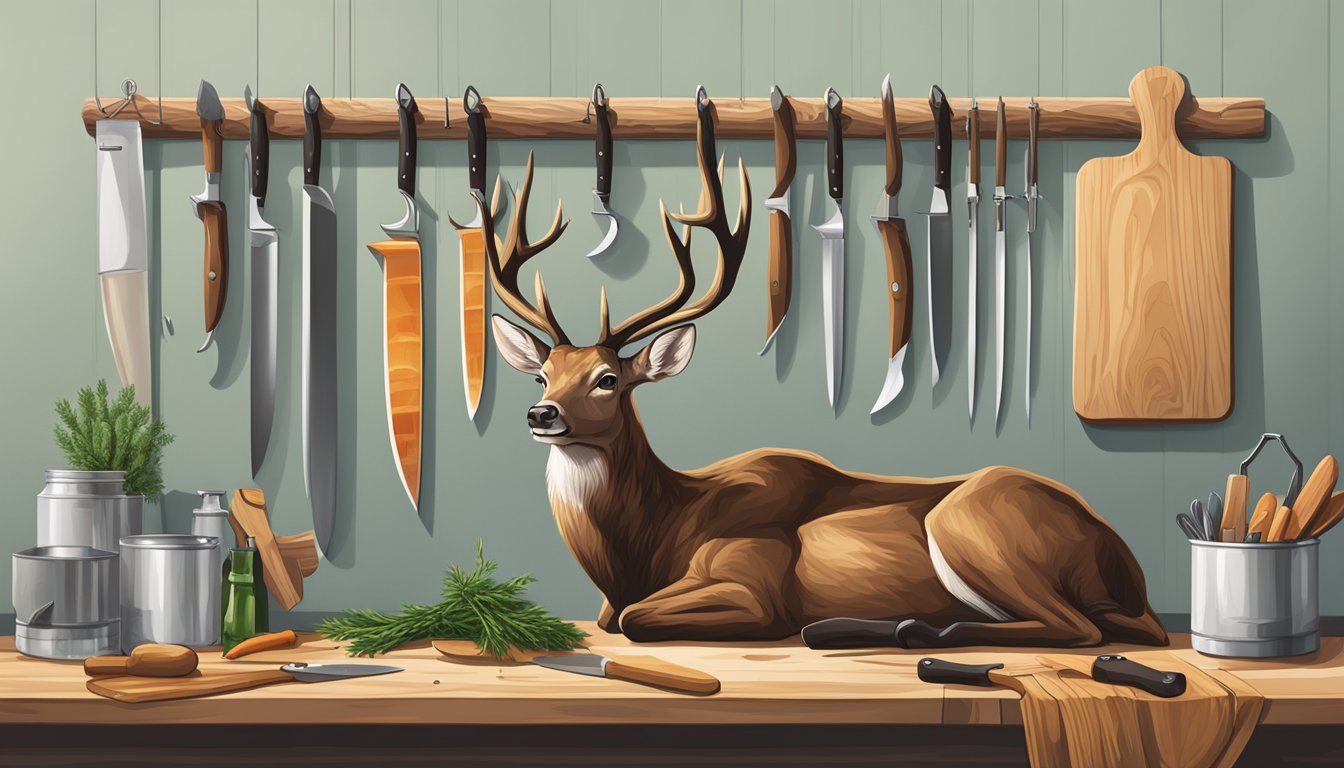 A butchered deer hanging from a hook, surrounded by knives, cutting boards, and a storage container