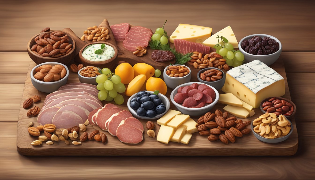 A rustic wooden board adorned with an assortment of wild game meats, cheeses, fruits, nuts, and spreads, creating a visually appealing and flavorful charcuterie display