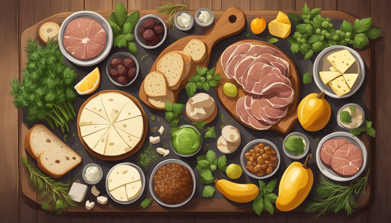 A rustic wooden cutting board adorned with an array of wild game meats, artisanal cheeses, pickles, and crusty bread, surrounded by fresh herbs and fruits