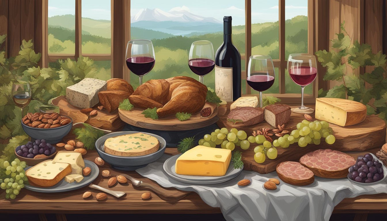 A rustic wooden table adorned with an array of wild game meats, cheeses, fruits, nuts, and artisanal bread, surrounded by foraged greenery and accompanied by wine glasses and a vintage corkscrew