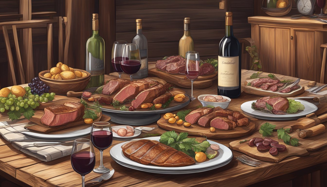 A rustic table set with a variety of game meats, accompanied by a selection of wine bottles and glasses