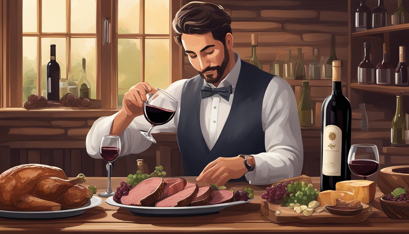 A sommelier carefully pours a rich red wine into a glass beside a platter of game meats, surrounded by elegant wine bottles and a rustic backdrop