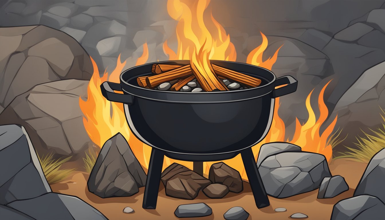 A crackling campfire surrounded by rocks, with a cast iron pot simmering over the flames and a spit roasting wild game