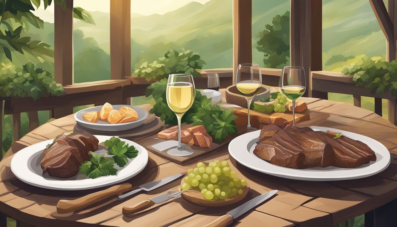 A rustic wooden table set with a spread of game meats and two complementary white wines, surrounded by lush greenery and a cozy, inviting atmosphere