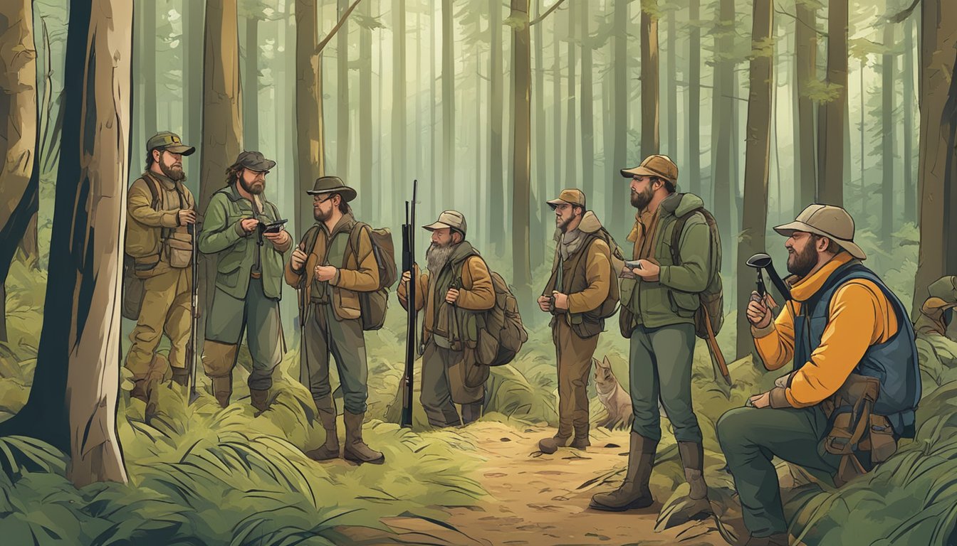 A group of hunters gather in a forest, calling out to each other using various natural and digital hunting calls. The scene depicts the evolution of hunting communication methods