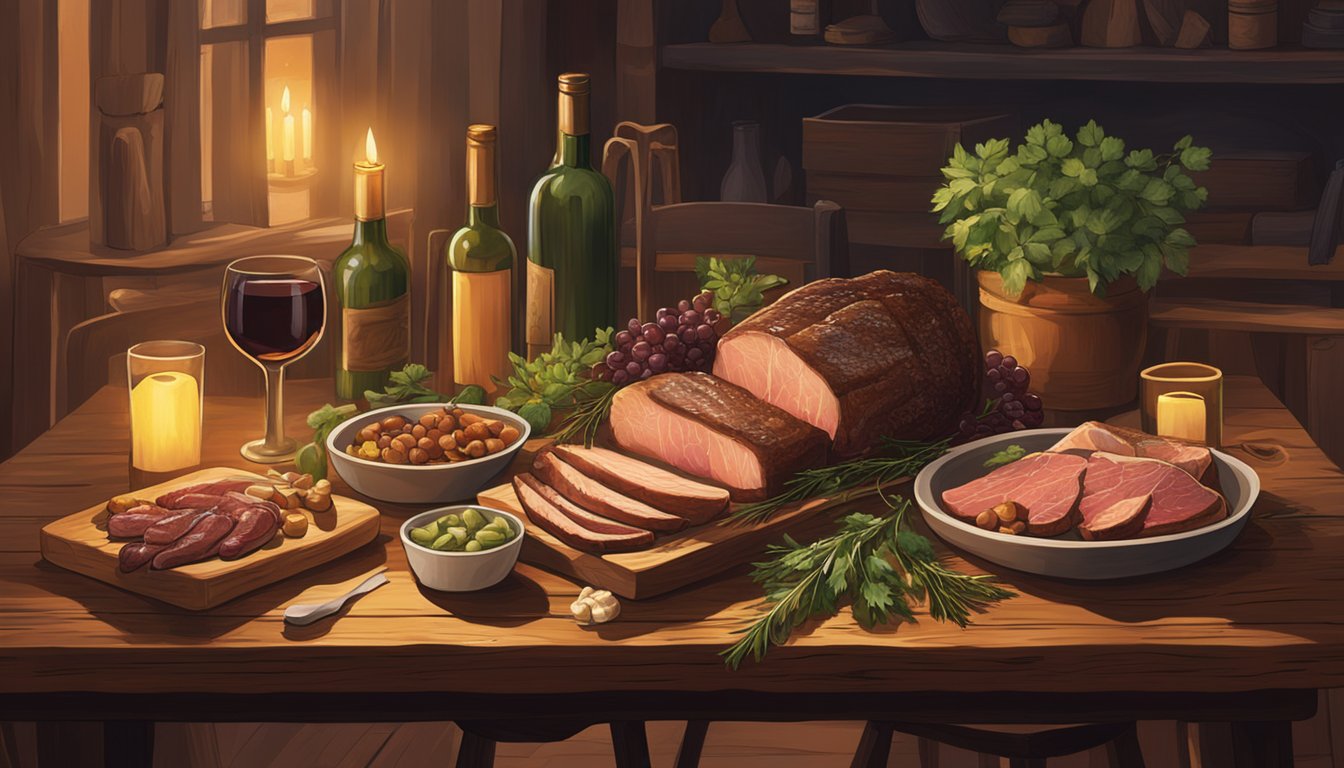 A rustic wooden table displays a spread of game meats, accompanied by various wine bottles and fresh herbs. The warm glow of candlelight adds a cozy ambiance to the scene