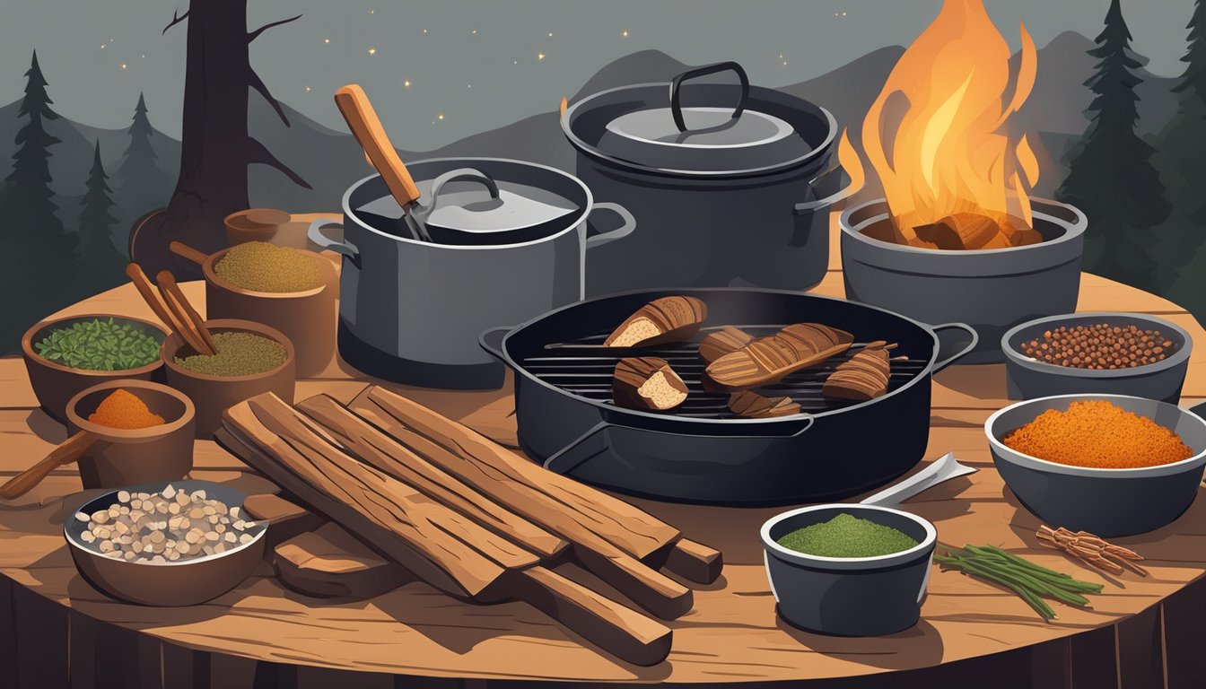 A rustic campfire surrounded by cast iron pots, grills, and skewers. A hunting knife, cutting board, and various spices are laid out on a wooden table nearby