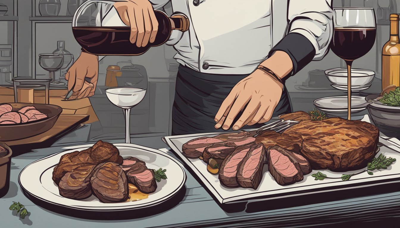 A sommelier pours wine into a glass next to a platter of game meats. The meats are prepared using various cooking methods, such as grilling, roasting, and braising