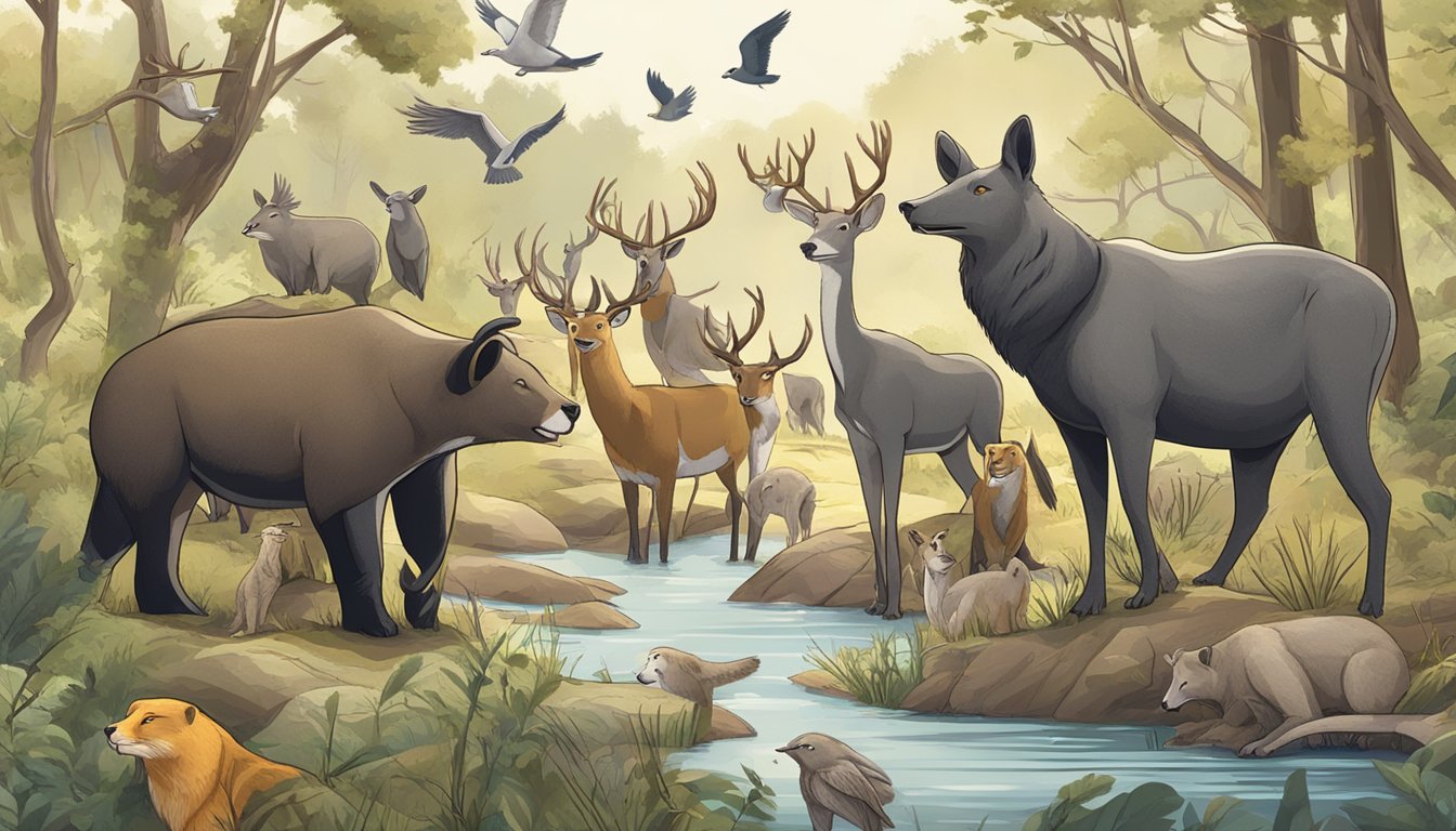 A group of animals communicating through various vocalizations in a natural environment, with some animals using digital devices to produce hunting calls