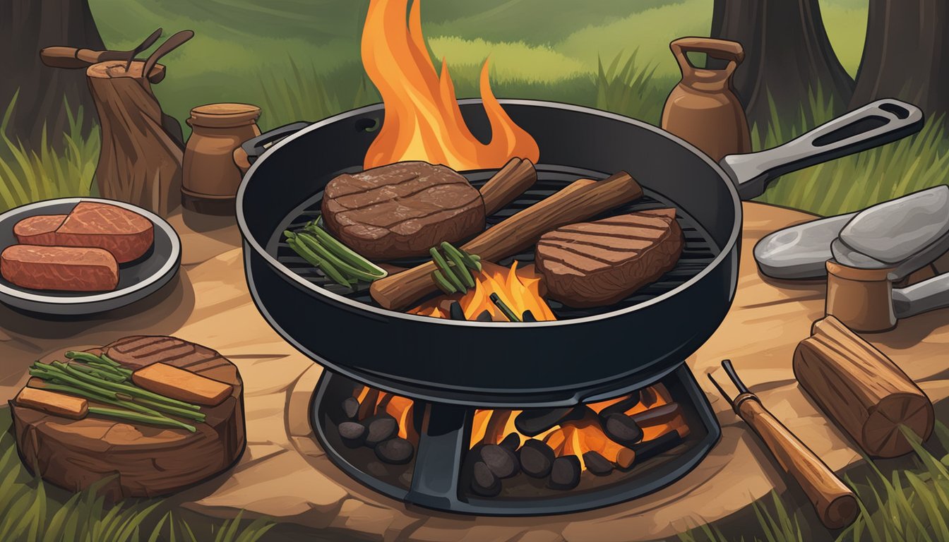 A rustic campfire surrounded by cooking utensils, a cast iron skillet, and wild game meat sizzling over the open flame