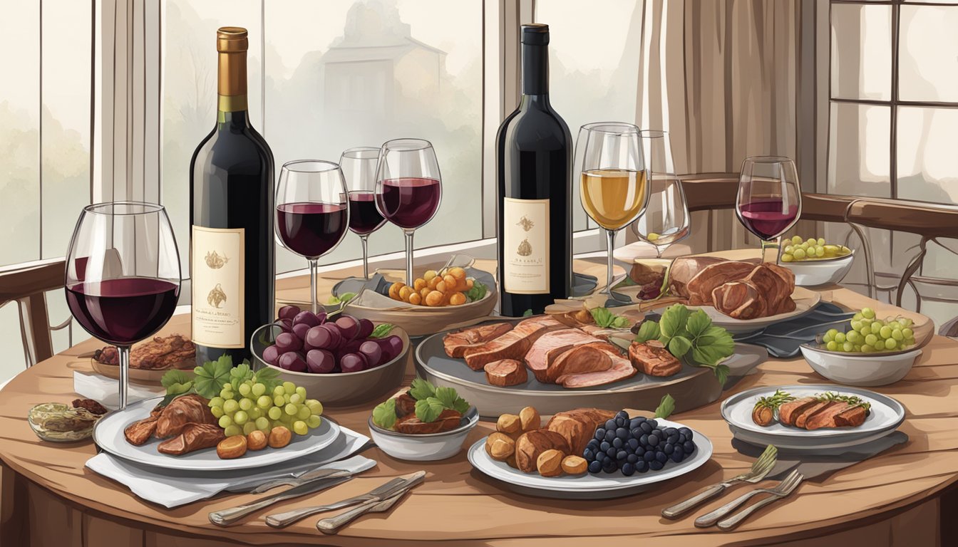 A table set with a variety of international wines and game meats, surrounded by elegant wine glasses and rustic serving platters