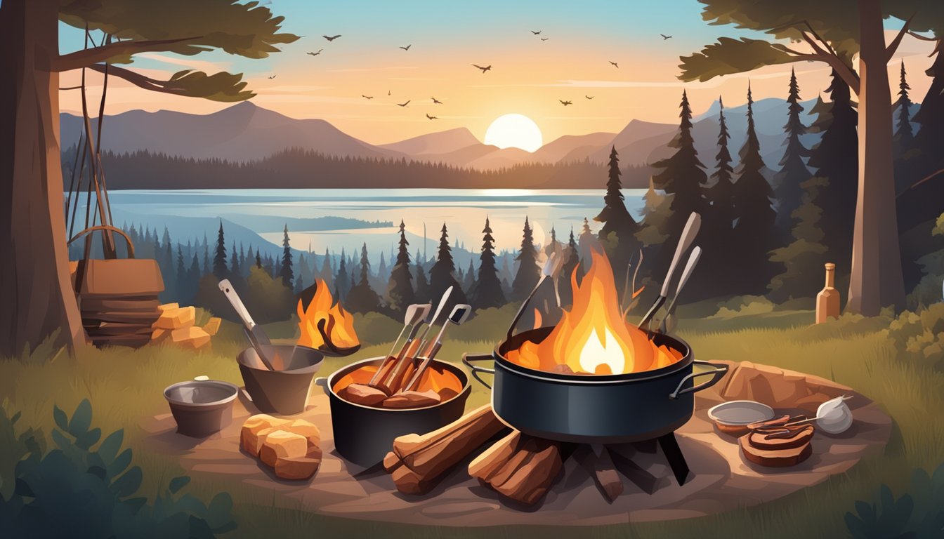 A roaring campfire surrounded by cooking utensils and wild game meat on skewers. A rustic outdoor setting with a cozy, elevated cooking experience