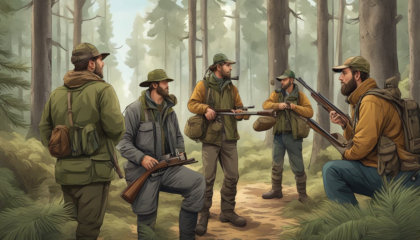 A group of hunters in a forest, using a combination of traditional and modern hunting calls to communicate with each other and with the surrounding wildlife