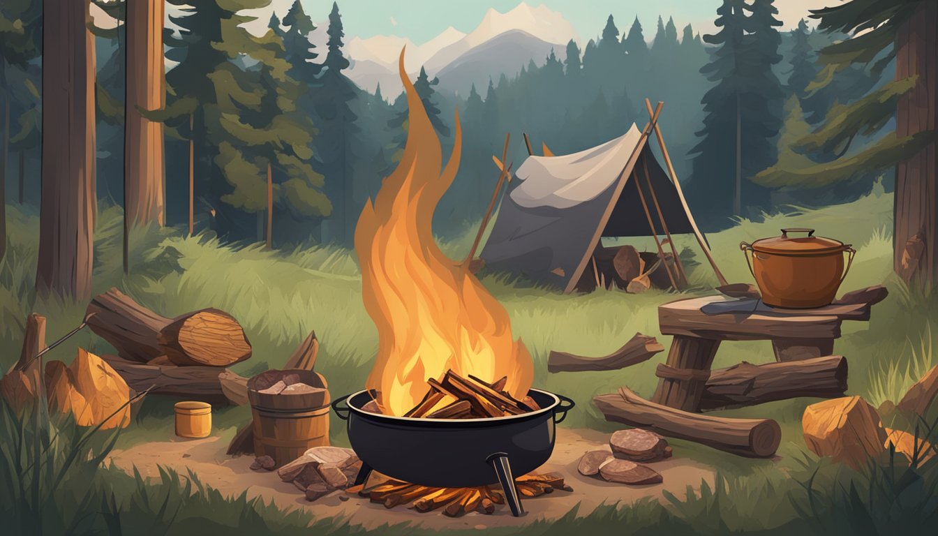 A campfire surrounded by foraged wood, with a pot hanging over the flames and wild game meat sizzling on a spit