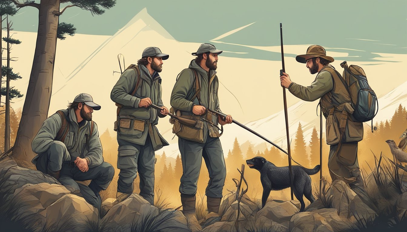 A group of hunters using traditional tools and methods to track and capture prey in a modern wilderness setting