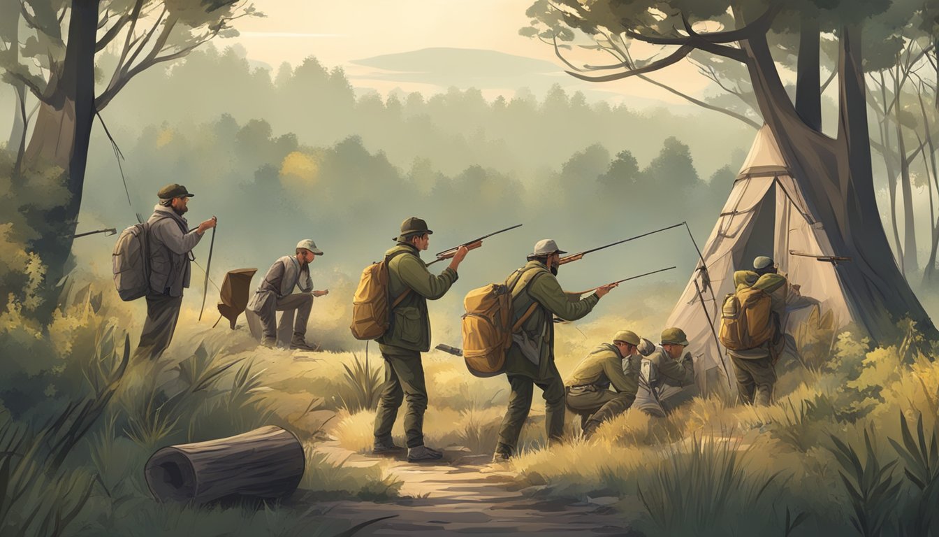 A group of hunters using traditional tools and methods to track and capture prey in a modern natural setting