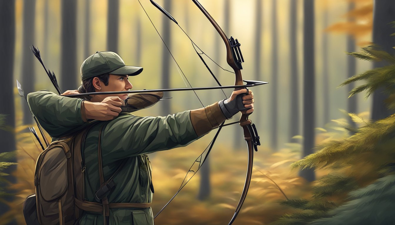 A hunter using a traditional bow and arrow to track and hunt game in a modern forest setting