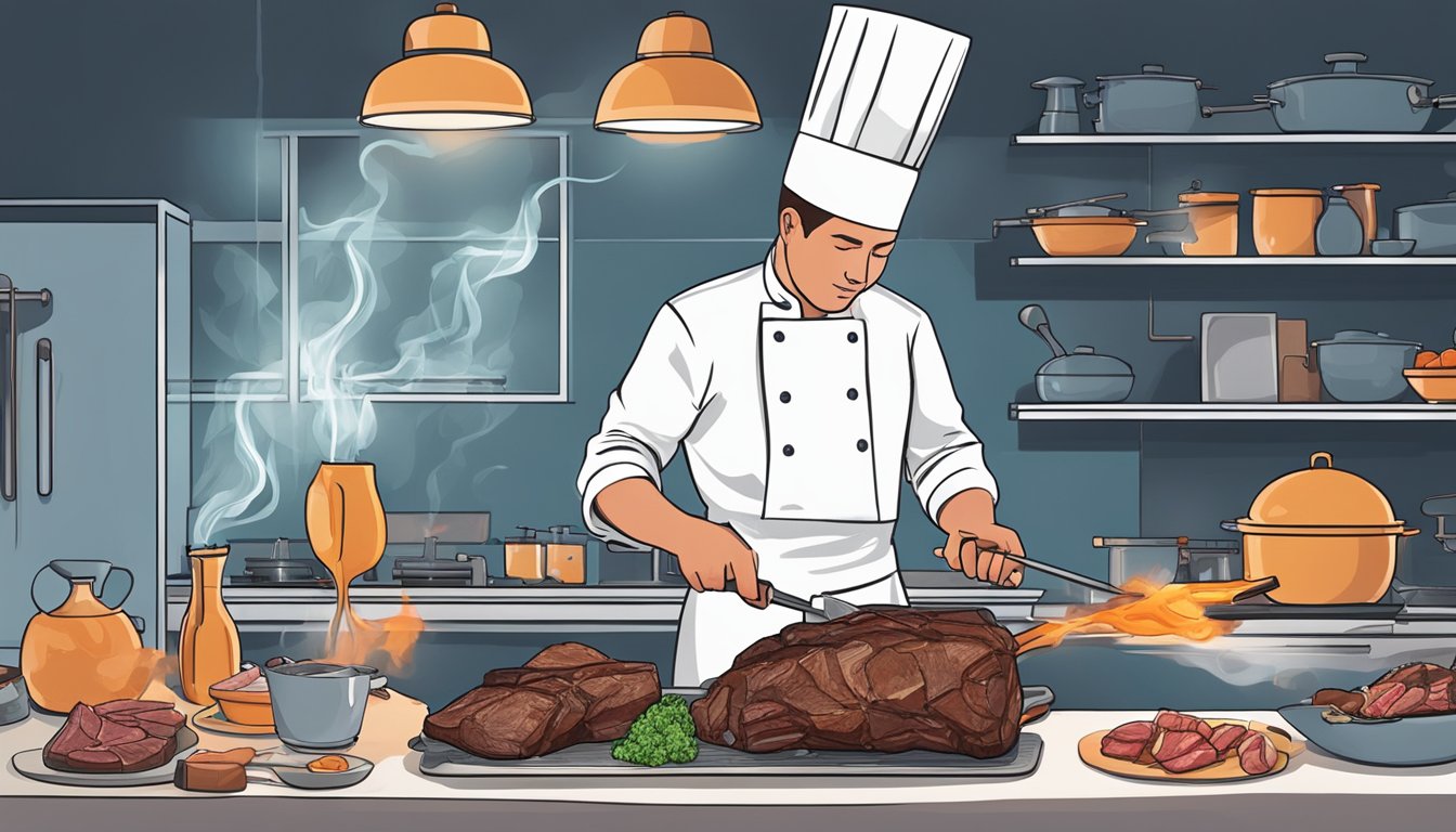 A chef carefully searing a venison steak with a blowtorch, surrounded by various sous vide cooking equipment and tender game meats