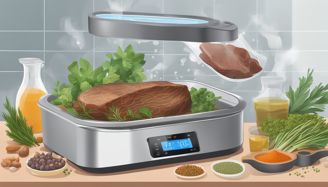 A sous vide machine gently cooks game meats in a water bath, surrounded by herbs and spices