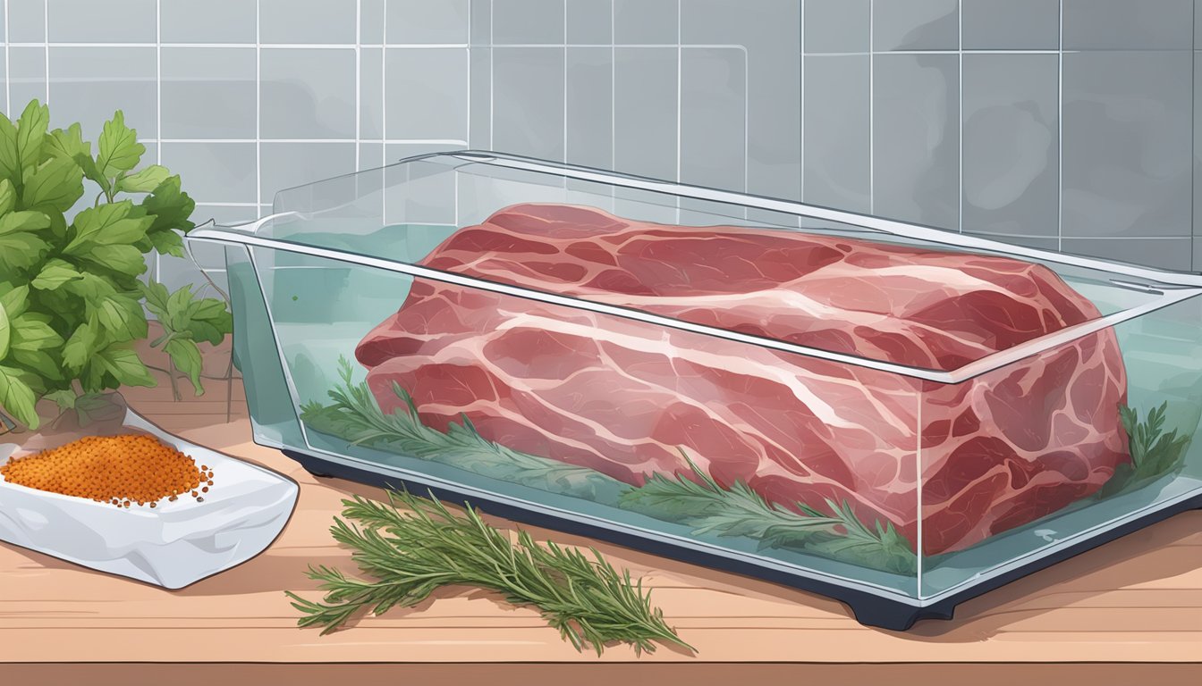 A vacuum-sealed bag of game meat submerged in a water bath with a sous vide machine, surrounded by herbs and spices