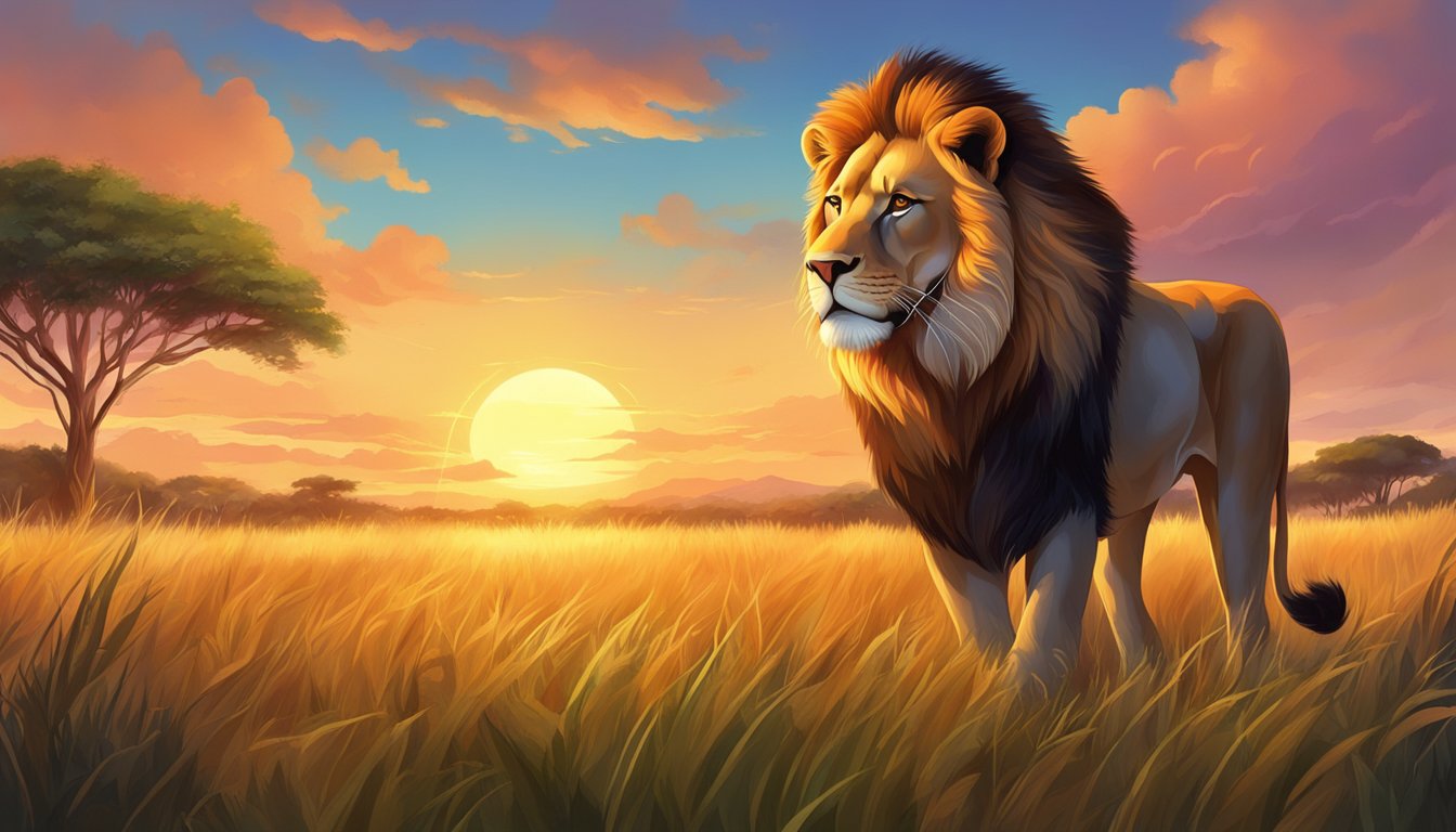 A majestic lion stands proudly in the savanna, surrounded by lush grass and a vibrant sunset, symbolizing the controversial topic of trophy hunting