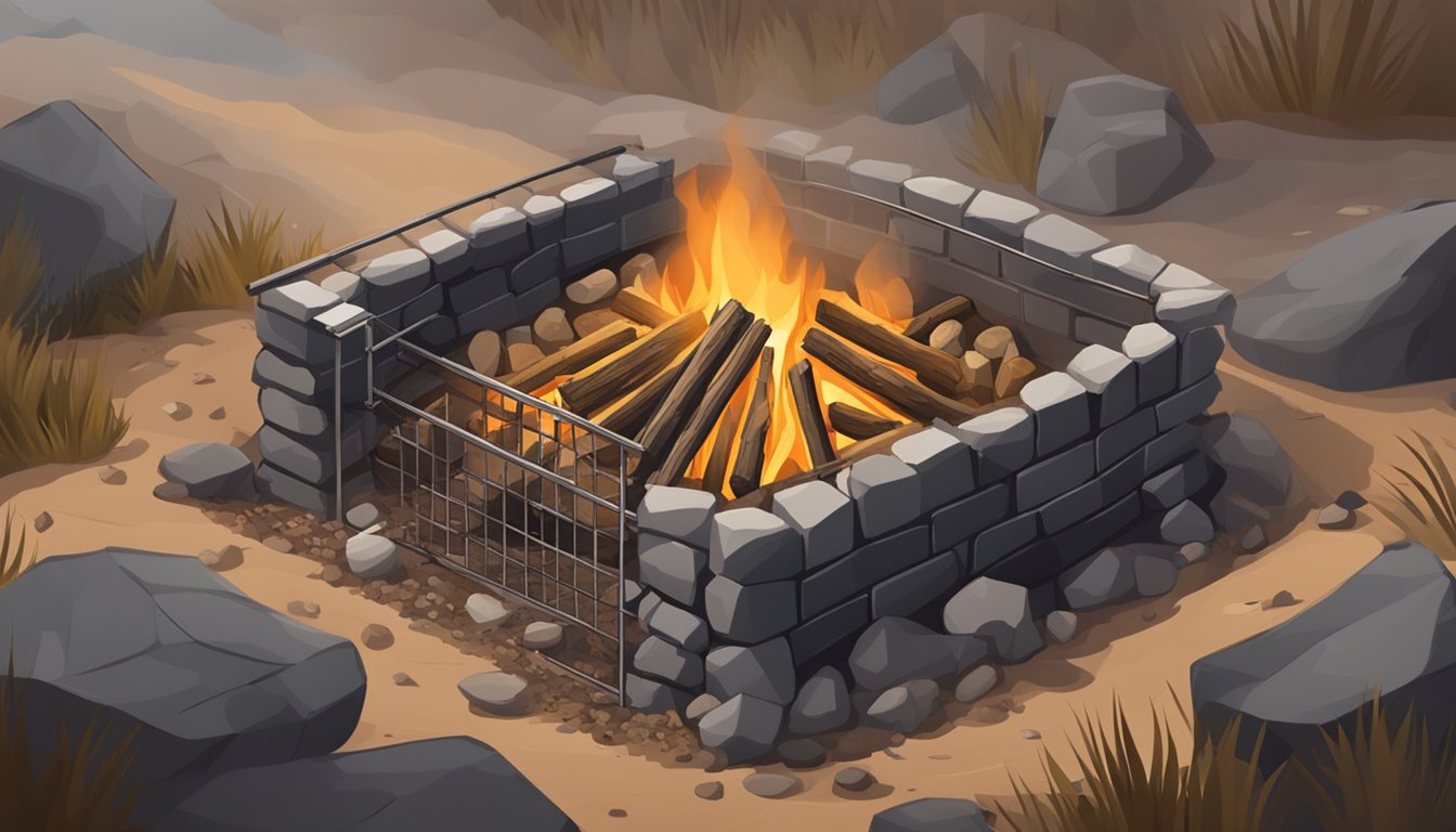 A large pit dug into the ground, surrounded by rocks and logs, with a fire burning inside and a metal grate placed over the top for cooking