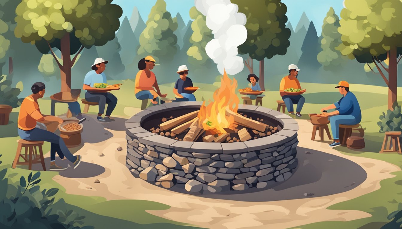 A large fire pit with rocks and logs, surrounded by people preparing food and tending to the cooking process